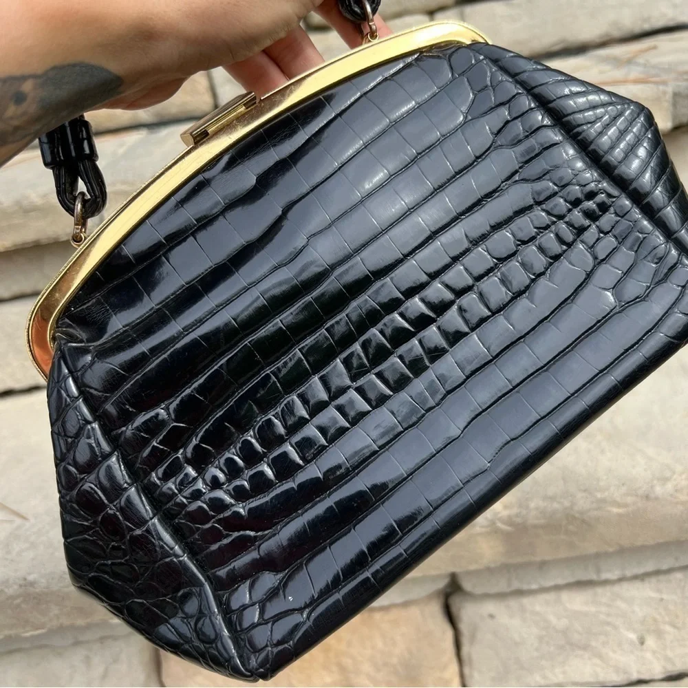 VINTAGE WA Weymouth American made in England black leather handbag purse - Picture 9 of 11